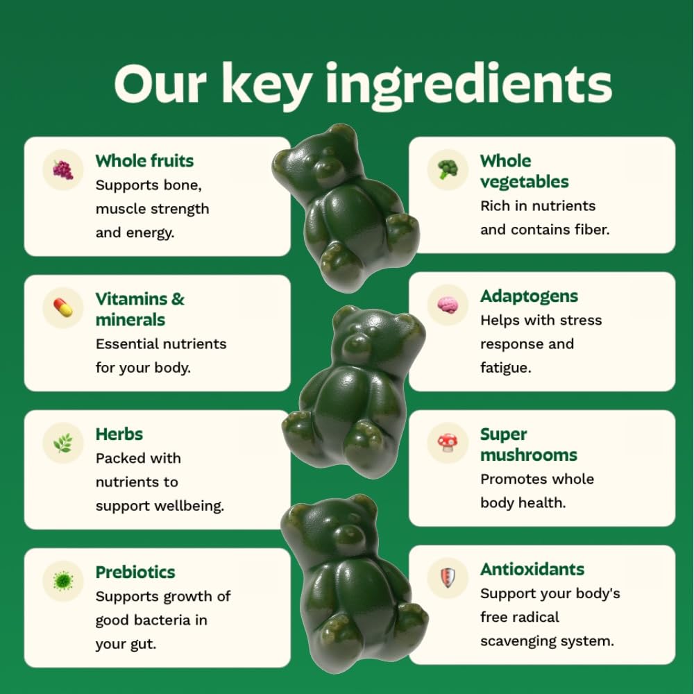 Grüns Super Greens Gummies packaging highlighting ten on-the-go packs for daily nutrition.