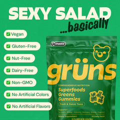 Grüns vegan gluten-free label signals clean nutrition.