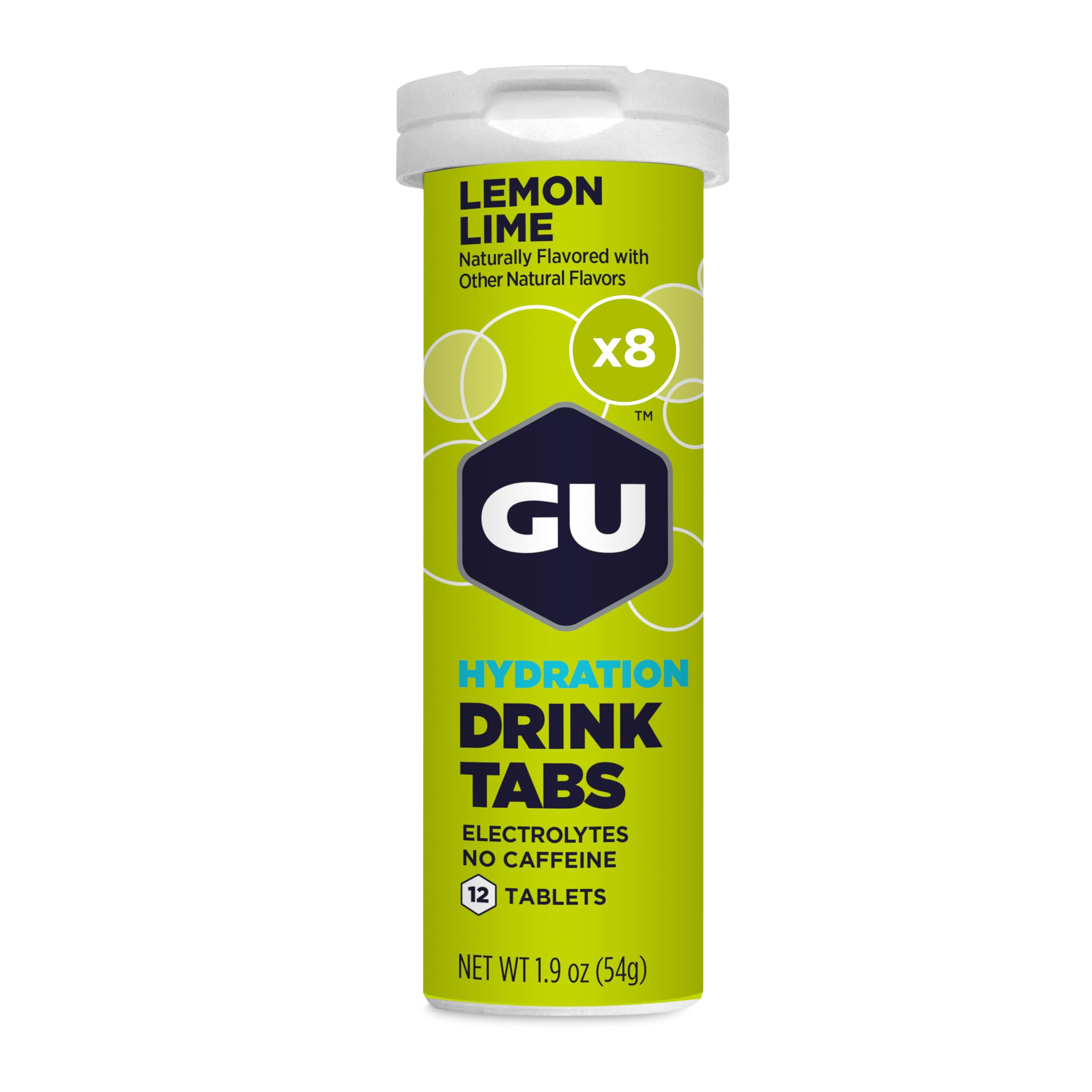 GU Energy hydration tablets dissolving in water with Lemon Lime flavor for quick electrolyte support