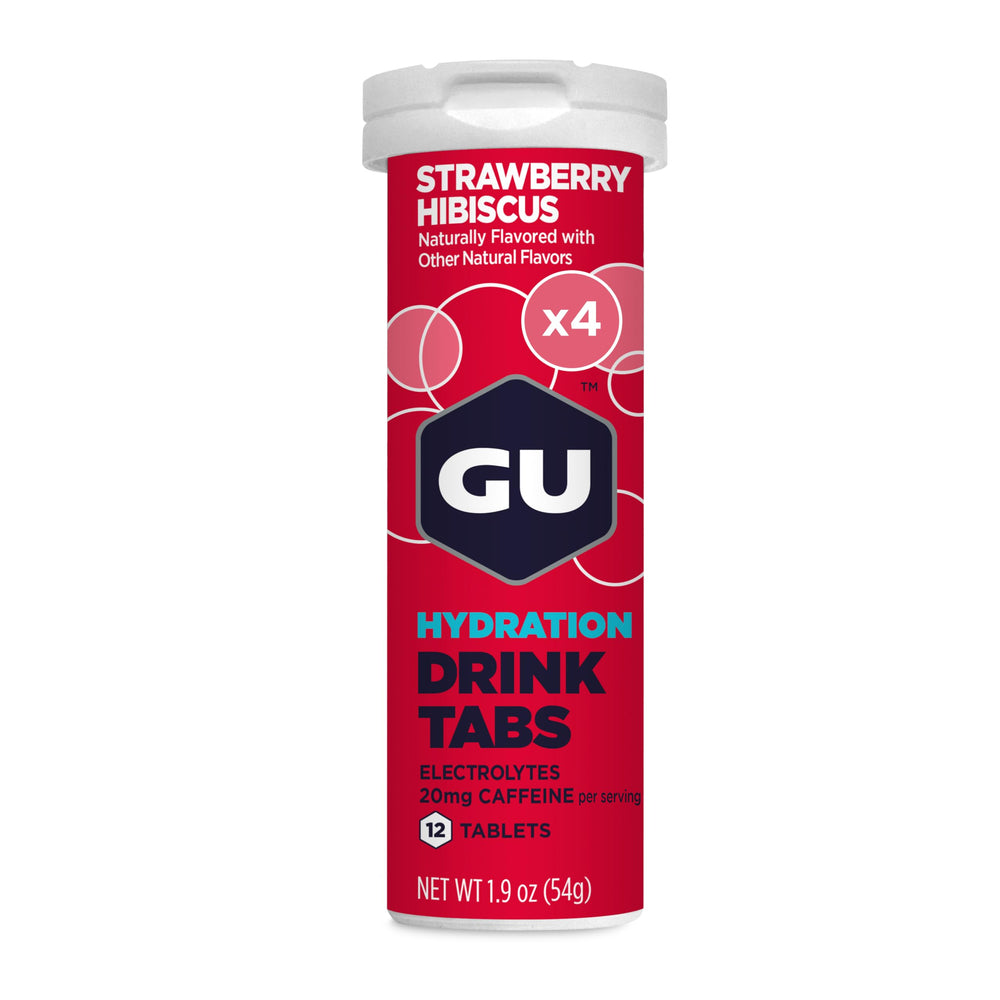 GU Energy Hydration Tabs Strawberry Hibiscus dissolving in water for quick hydration