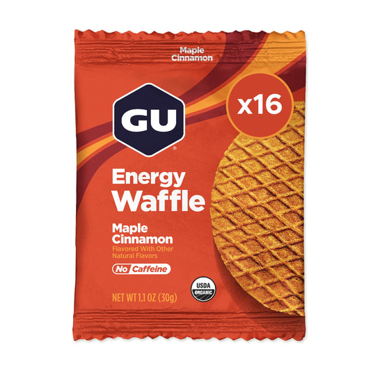 GU Energy Maple Cinnamon Energy Waffle pack showing convenient on-the-go fueling