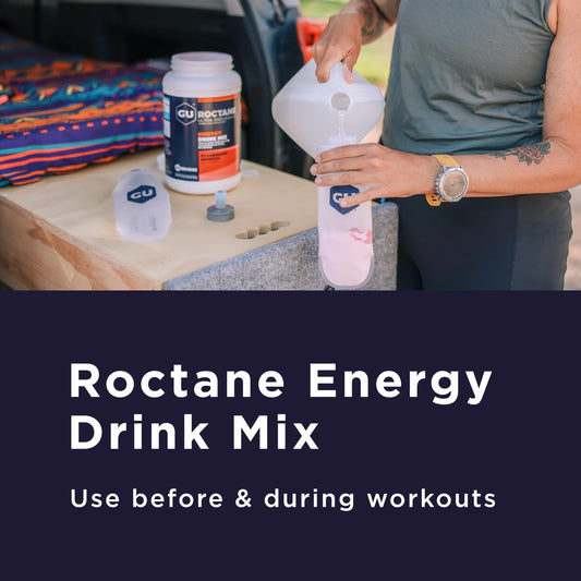 GU Energy Roctane being poured into a 21-ounce bottle for easy mixing