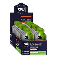 Closeup label of GU Energy Roctane Salted Lime showing energy ingredients.
