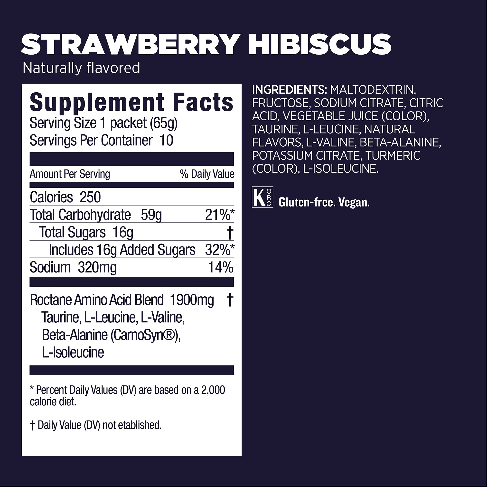 Close-up of Roctane label highlighting calories and electrolytes
