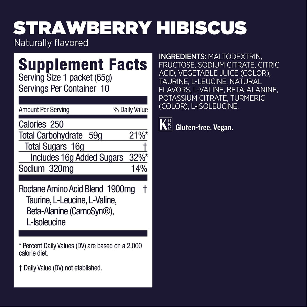 Close-up of Roctane label highlighting calories and electrolytes