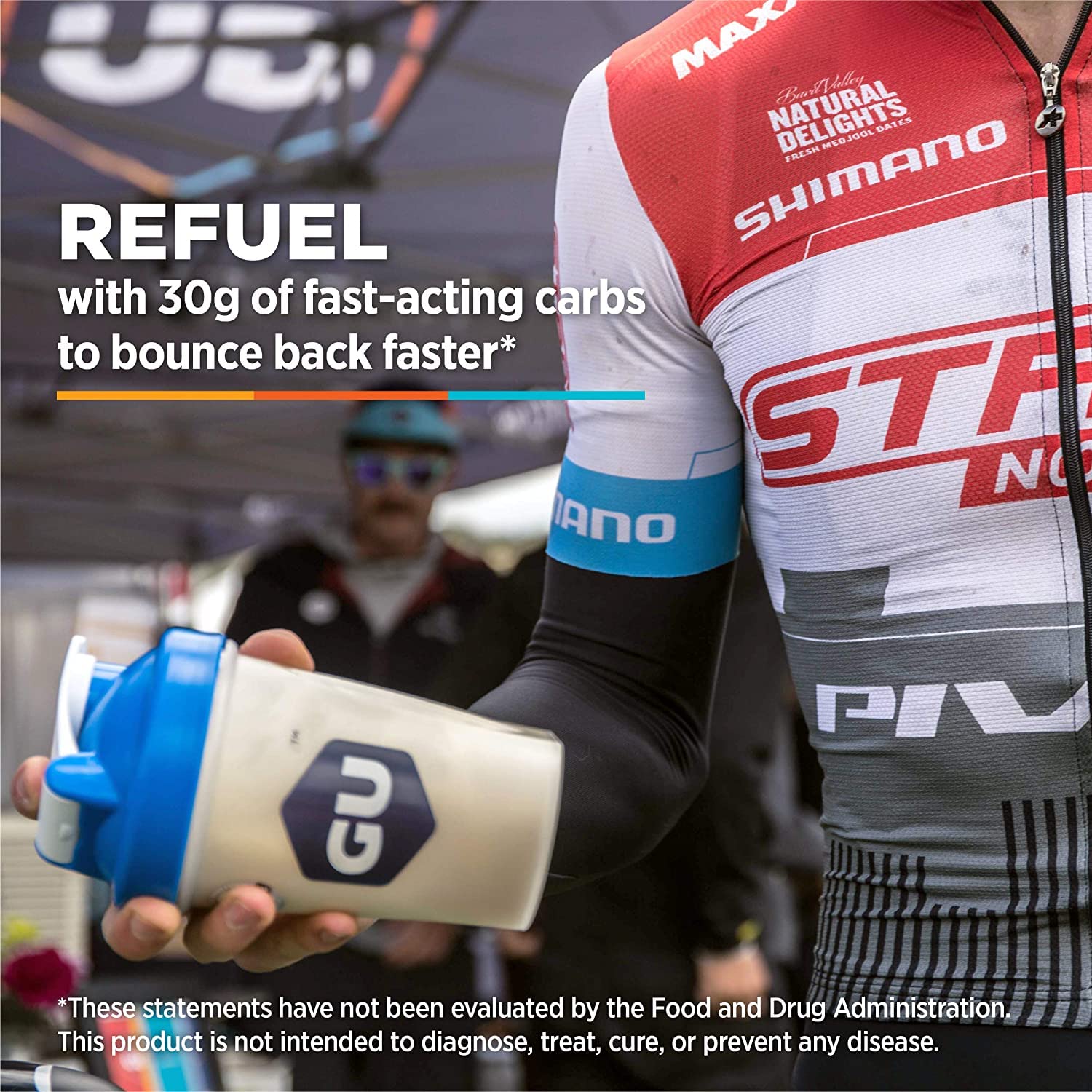 GU Energy Roctane whey protein powder scoop stirred into water for rapid glycogen replenishment