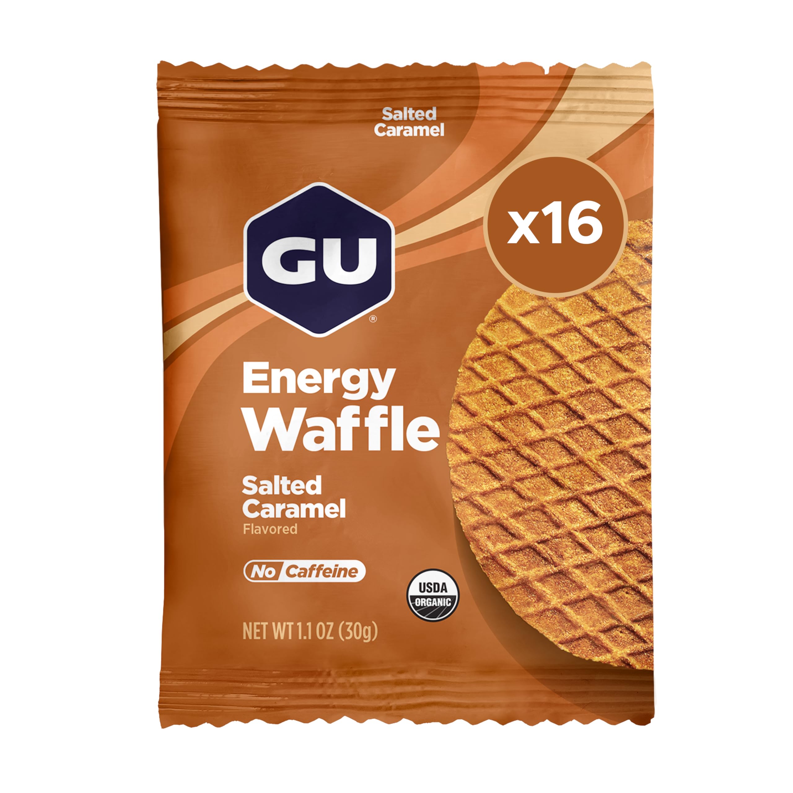 GU Energy Stroopwafel Salty's Caramel with syrup between wafers for on-the-go energy.
