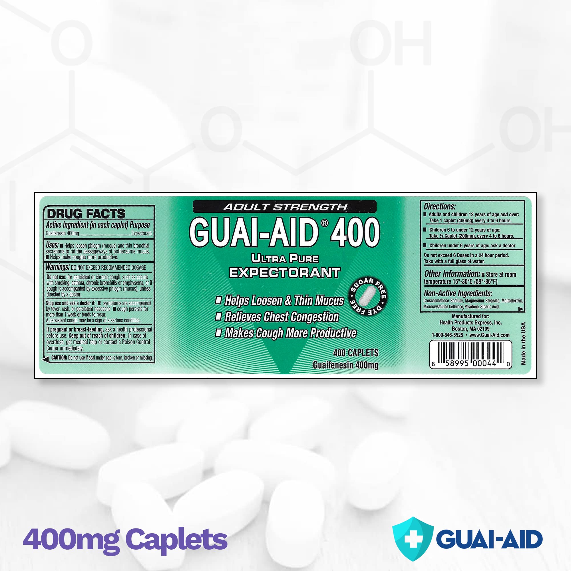 GUAI-AID 800 caplets bottle back label highlights dosage and ingredients.