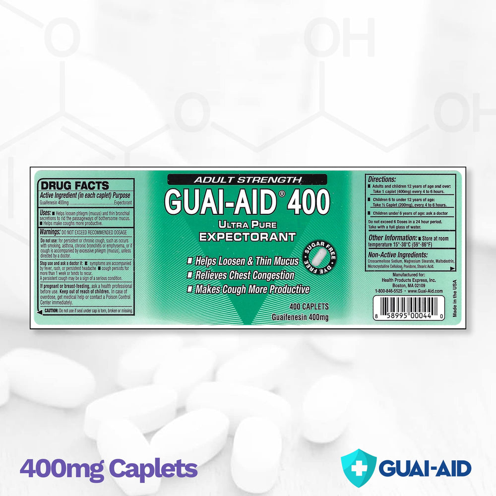 GUAI-AID 800 caplets bottle back label highlights dosage and ingredients.