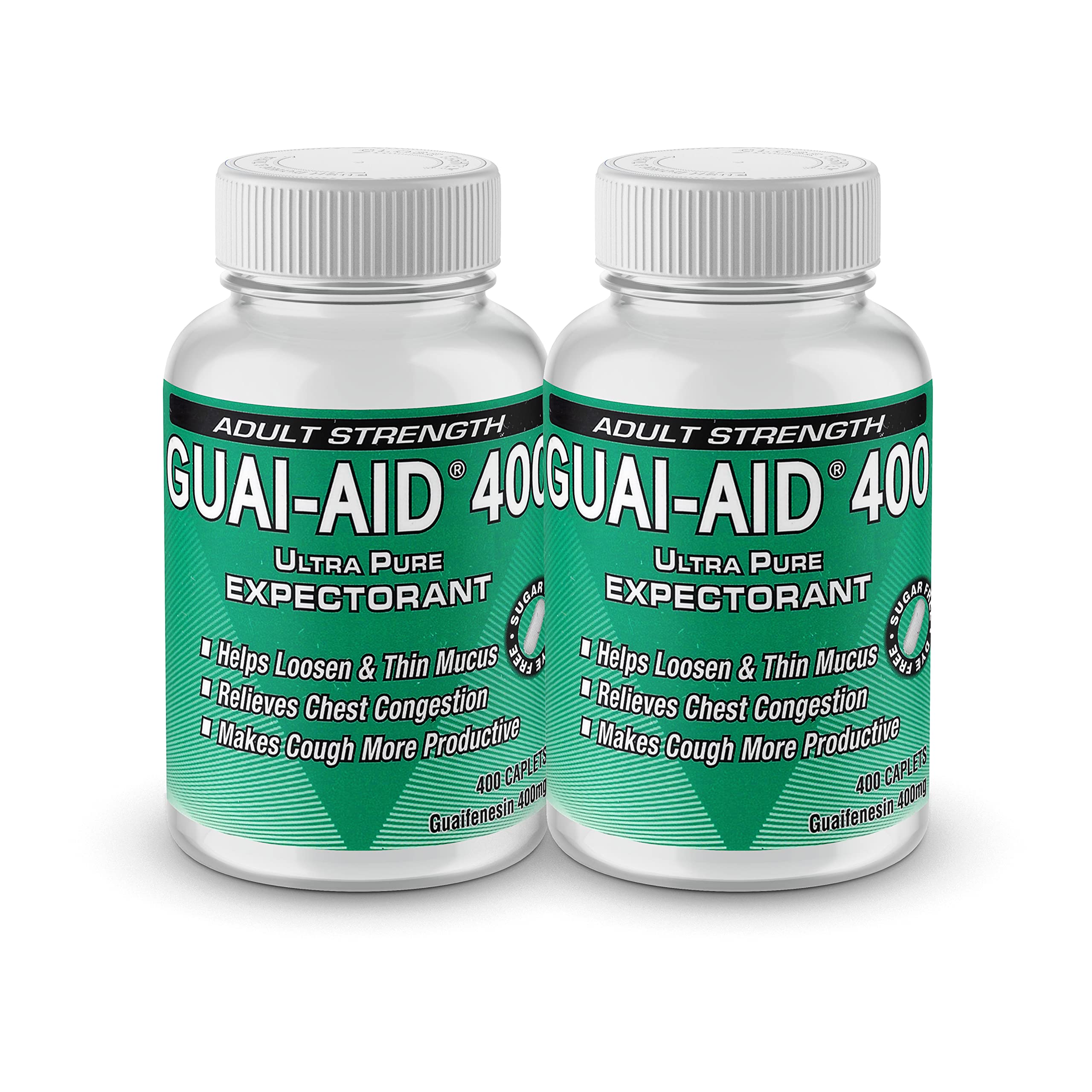 GUAI-AID 800 caplets bottle front shows the dye-free, easy-to-swallow design.