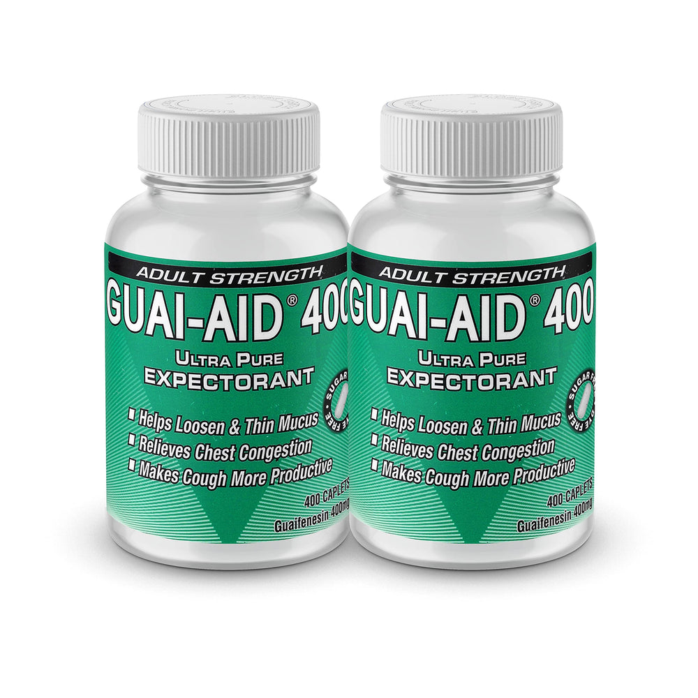 GUAI-AID 800 caplets bottle front shows the dye-free, easy-to-swallow design.
