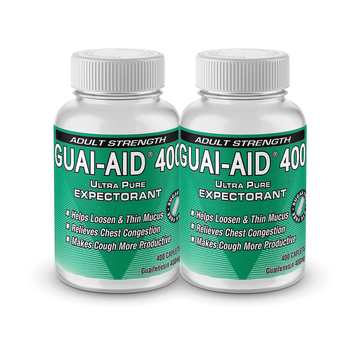 GUAI-AID 800 caplets bottle front shows the dye-free, easy-to-swallow design.