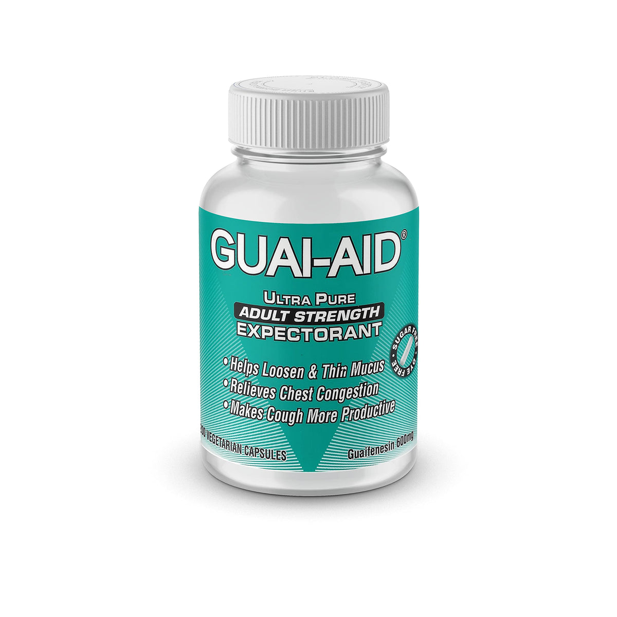 GUAI-AID Ultra-Pure 600mg bottle with extended-release capsules for all-day mucus relief.