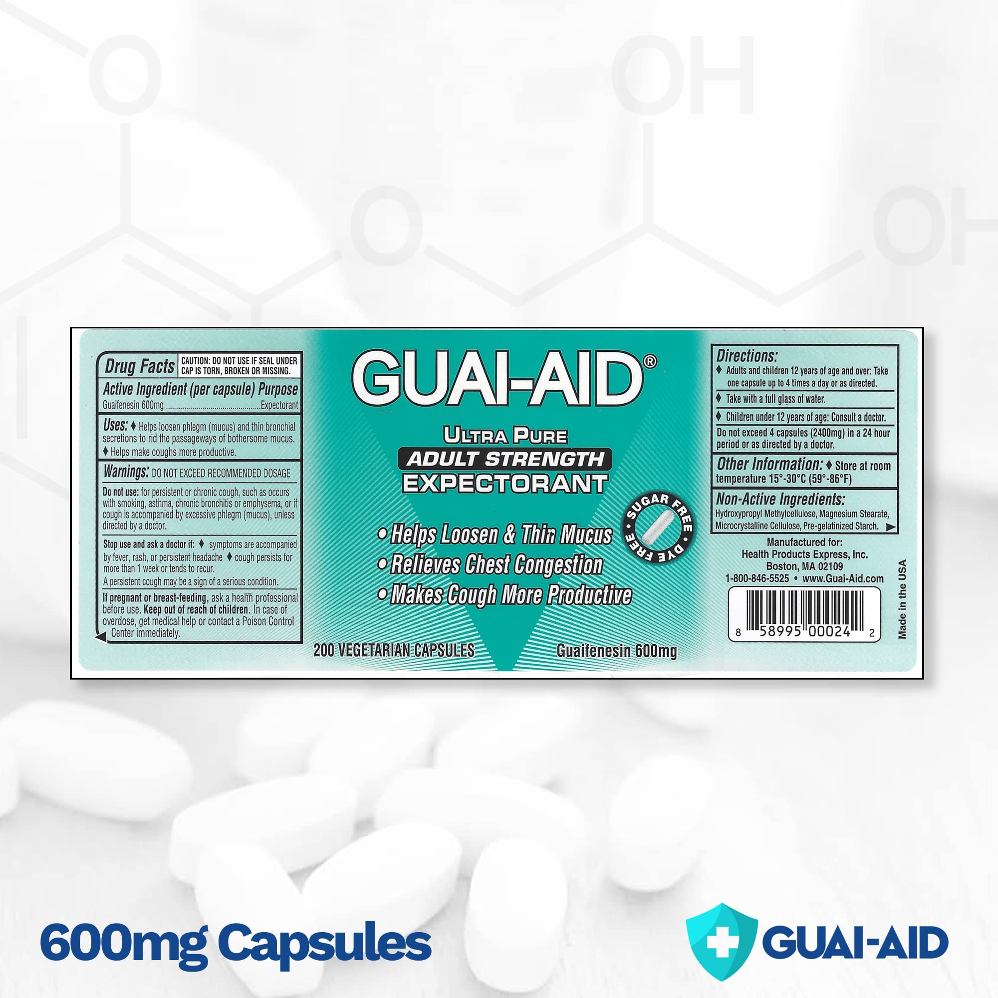 Close-up of GUAI-AID Ultra-Pure capsules highlighting 600mg per dose.