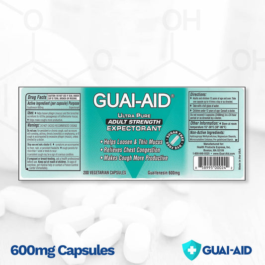 Close-up of GUAI-AID Ultra-Pure capsules highlighting 600mg per dose.
