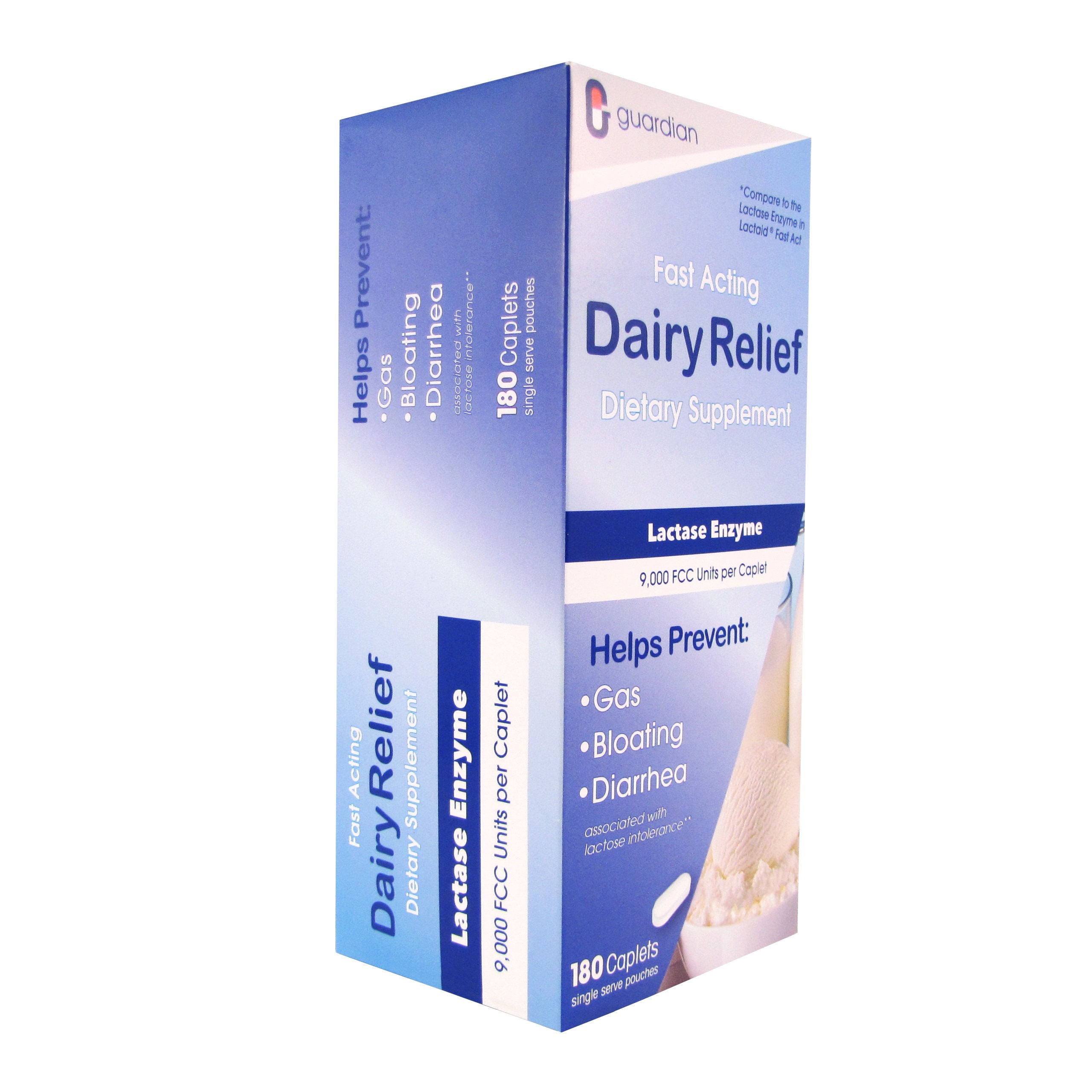 Guardian dairy relief bottle label detail with dosage and strength at a glance