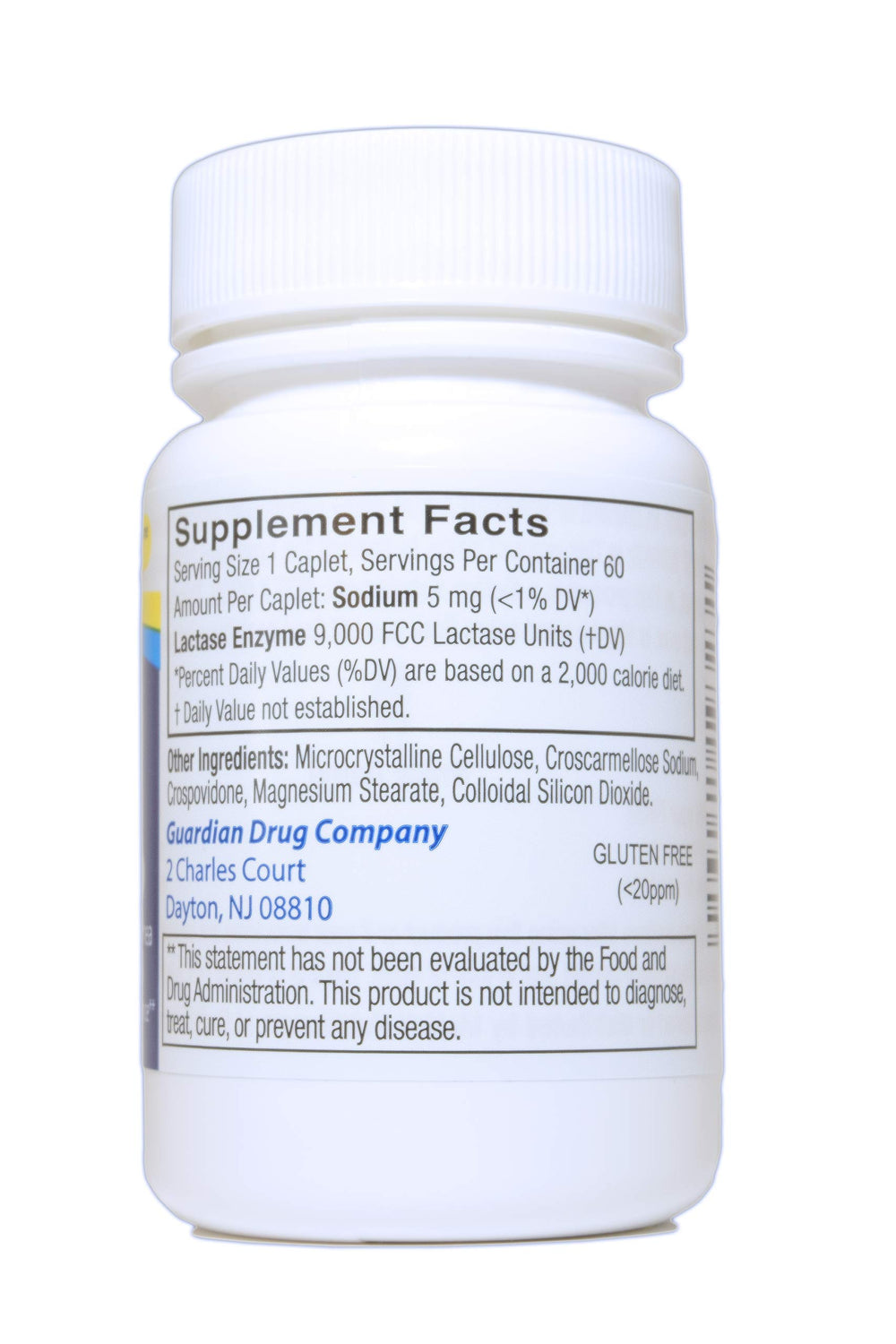 Guardian Dairy Relief bottle back label with dosage and 9000 FCC lactase per caplet.
