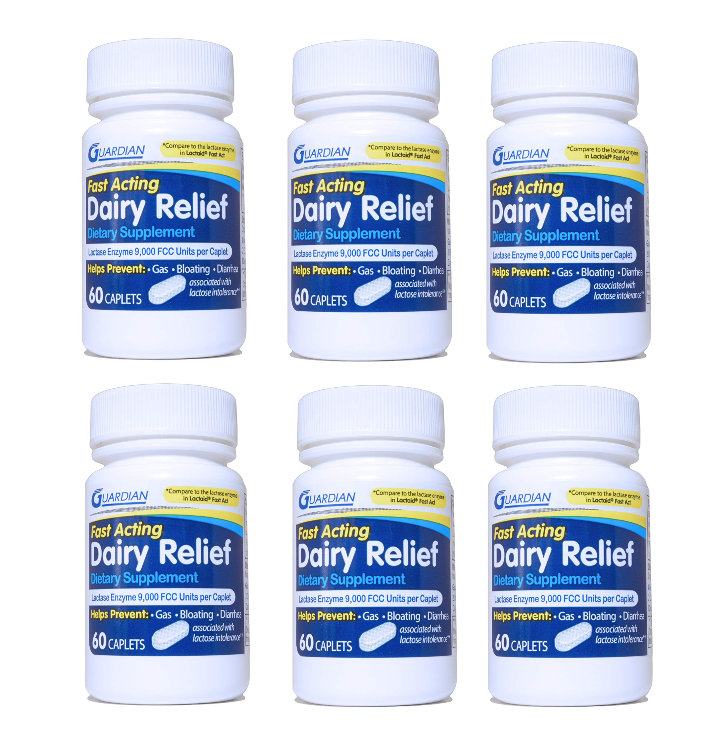 Guardian Dairy Relief caplets bottle front with label, highlighting fast-acting lactase support.