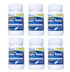 Guardian Dairy Relief caplets bottle front with label, highlighting fast-acting lactase support.