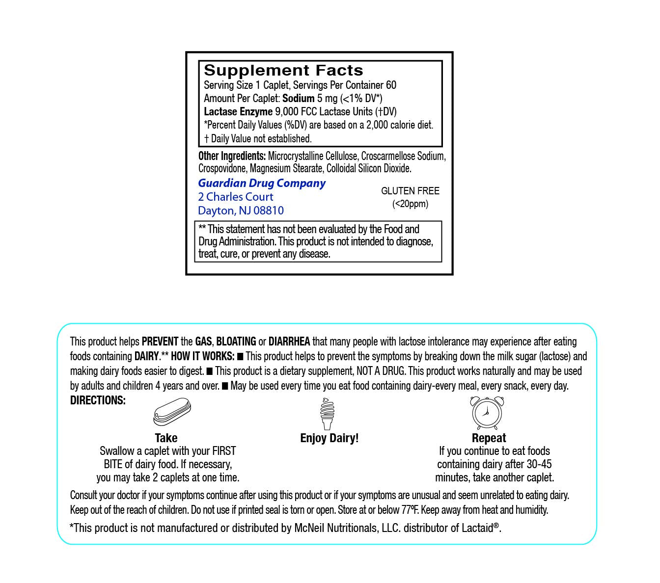 Close-up of Guardian Dairy Relief label highlighting the lactase enzyme content.