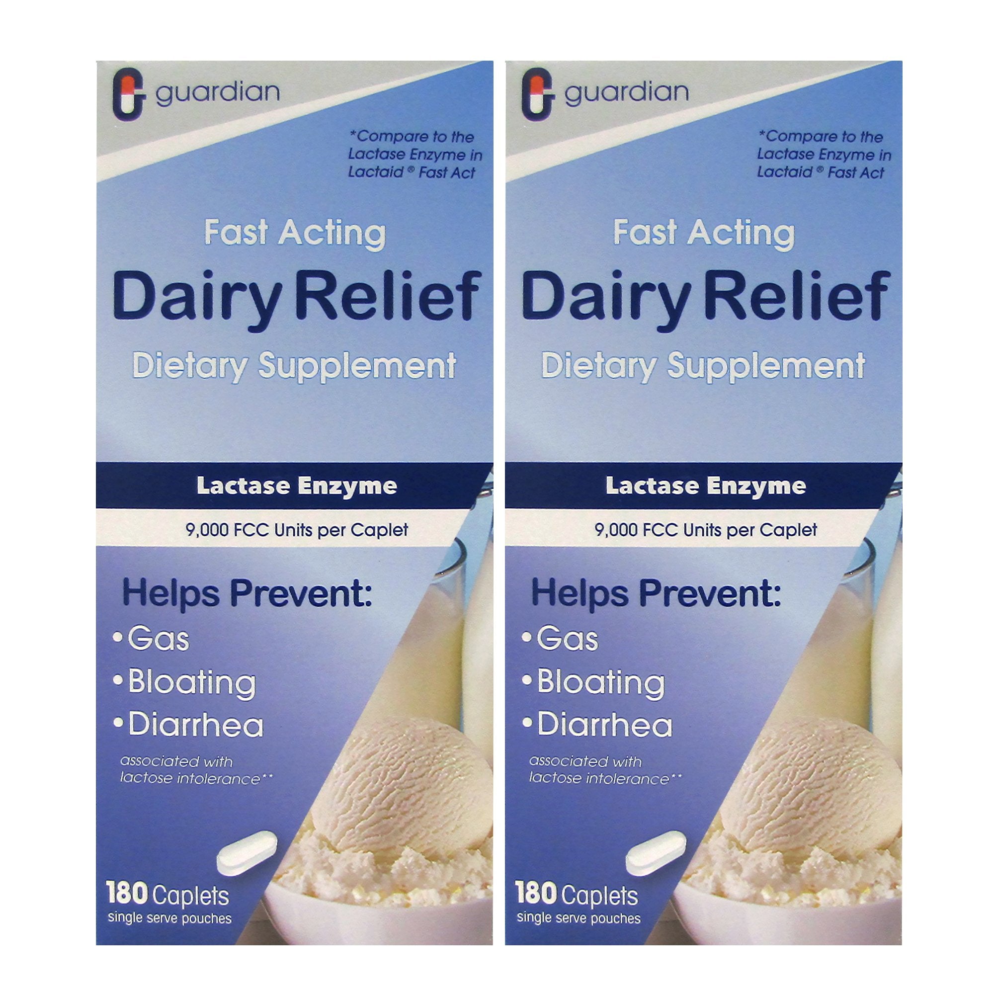 Guardian Dairy Relief Fast Acting Lactase bottle pour illustrates quick dairy digestion support