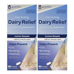 Guardian Dairy Relief Fast Acting Lactase bottle pour illustrates quick dairy digestion support