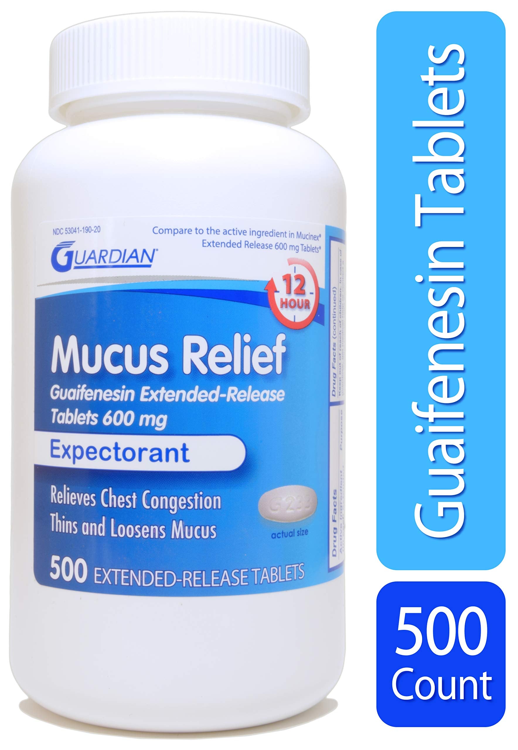 guardian mucus relief bottle with packaging on a kitchen counter