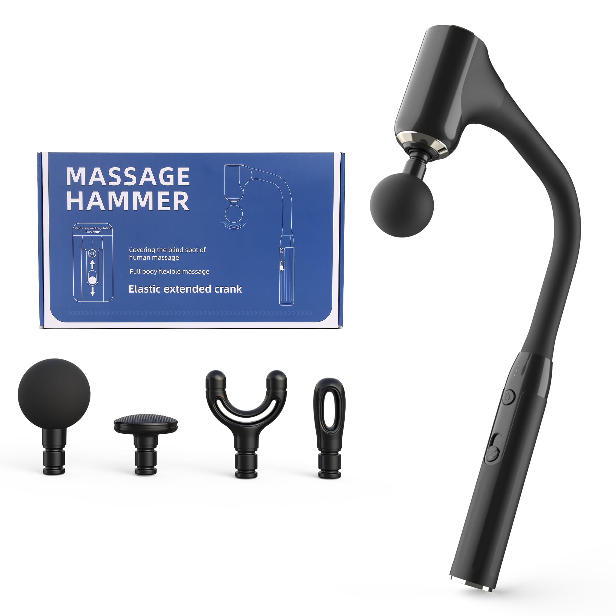 Guganas massage gun with extended arched handle for back access and full-body reach