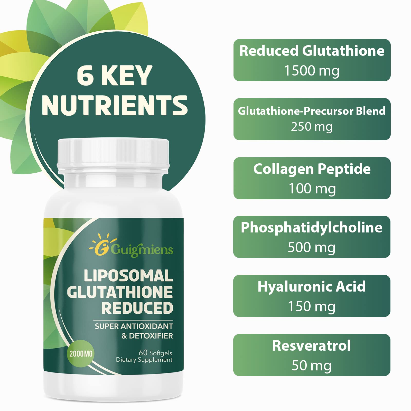 Guigmiens Liposomal Glutathione with Collagen Peptide supports dermal health.