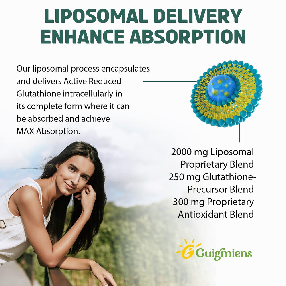 Guigmiens Liposomal Glutathione with Hyaluronic Acid emphasizes skin hydration.