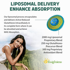 Guigmiens Liposomal Glutathione with Hyaluronic Acid emphasizes skin hydration.