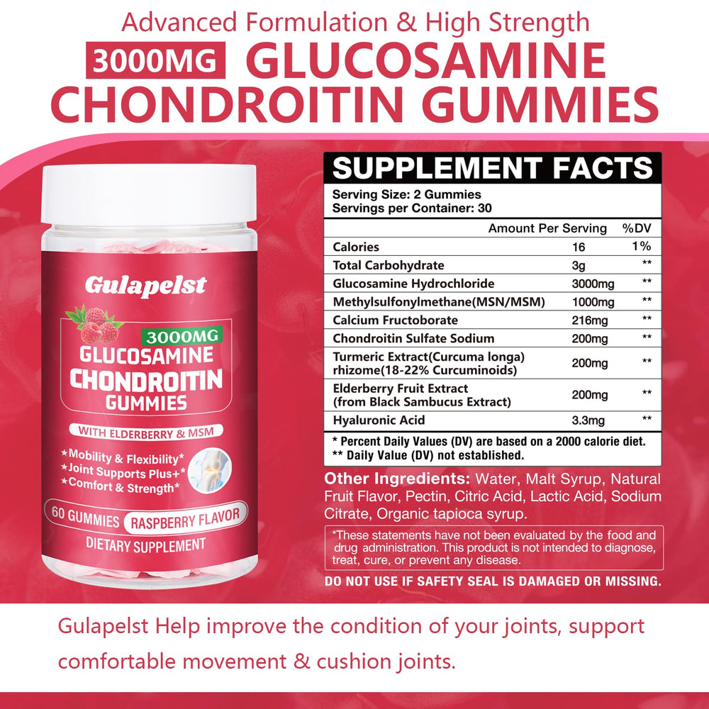 Gulapelst label close-up shows glucosamine, chondroitin, MSM and elderberry ingredients.