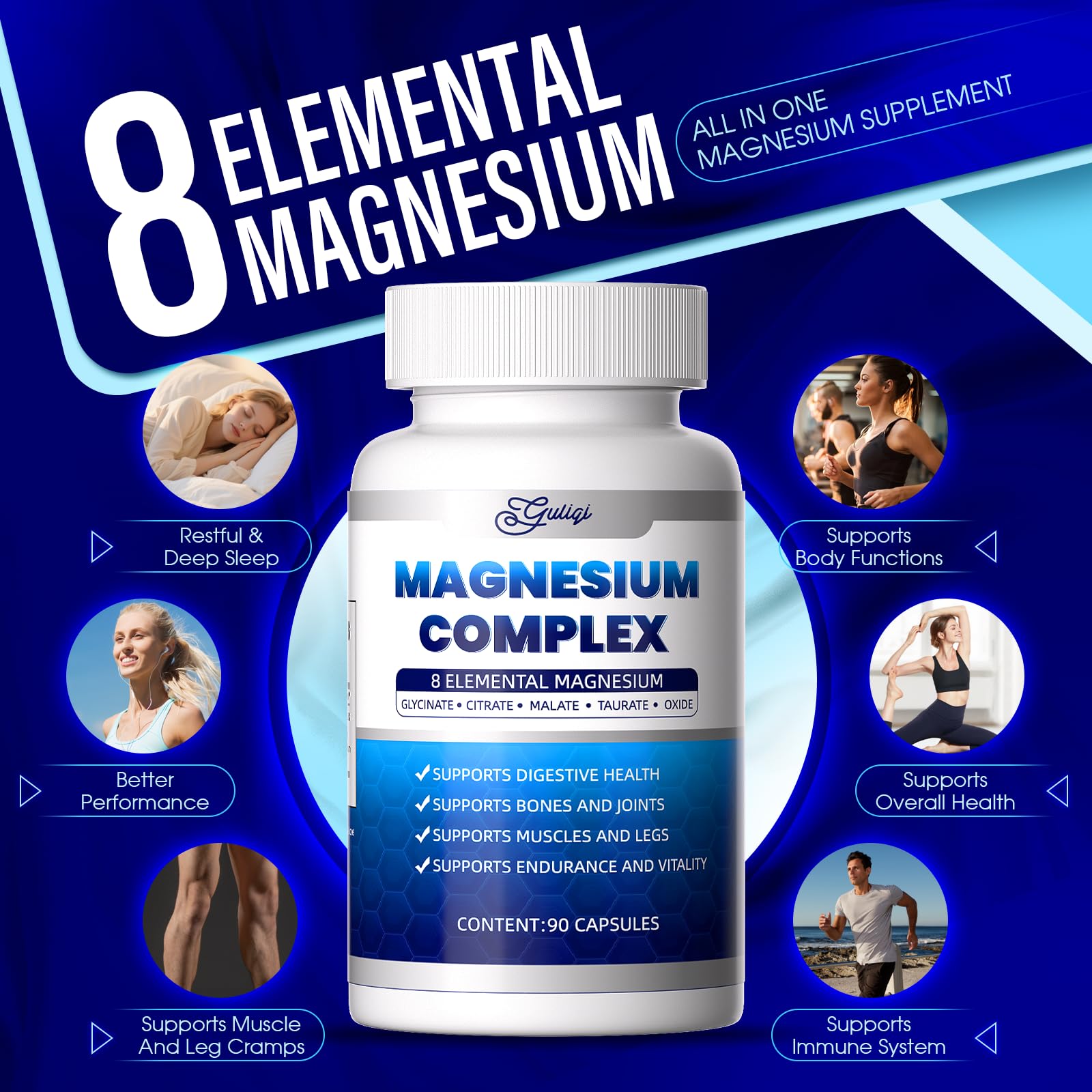 Guliqi 8-in-1 Magnesium Complex label back shows ingredients and daily use guidance.