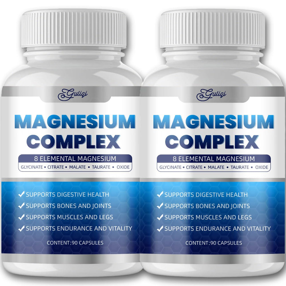 Guliqi 8-in-1 Magnesium Complex bottle front highlighting vegan, non-GMO formulation for daily wellness.