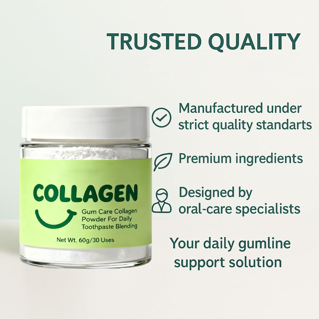 Guliqi collagen tooth powder on a bathroom shelf setup