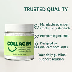 Guliqi collagen tooth powder on a bathroom shelf setup