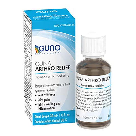 Guna Arthro Relief bottle front view for minor joint discomfort.