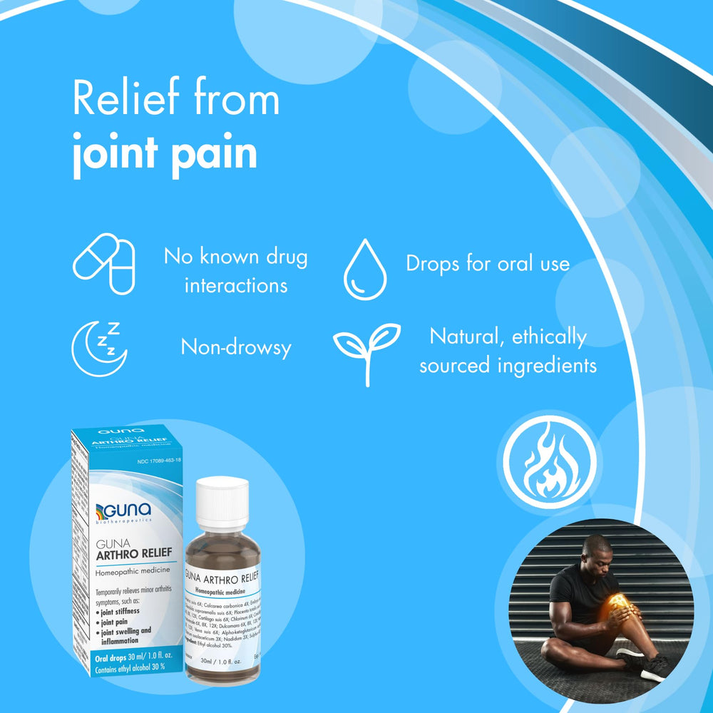 Guna Arthro Relief bottle label close-up showing joint comfort benefit.