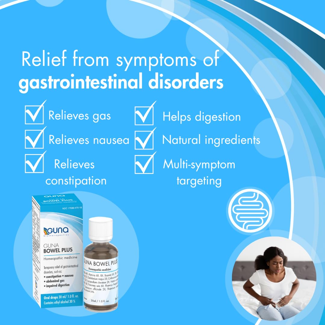 GUNA Bowel Plus drops poured into a glass showing fast-absorption liquid format