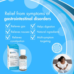 GUNA Bowel Plus drops poured into a glass showing fast-absorption liquid format