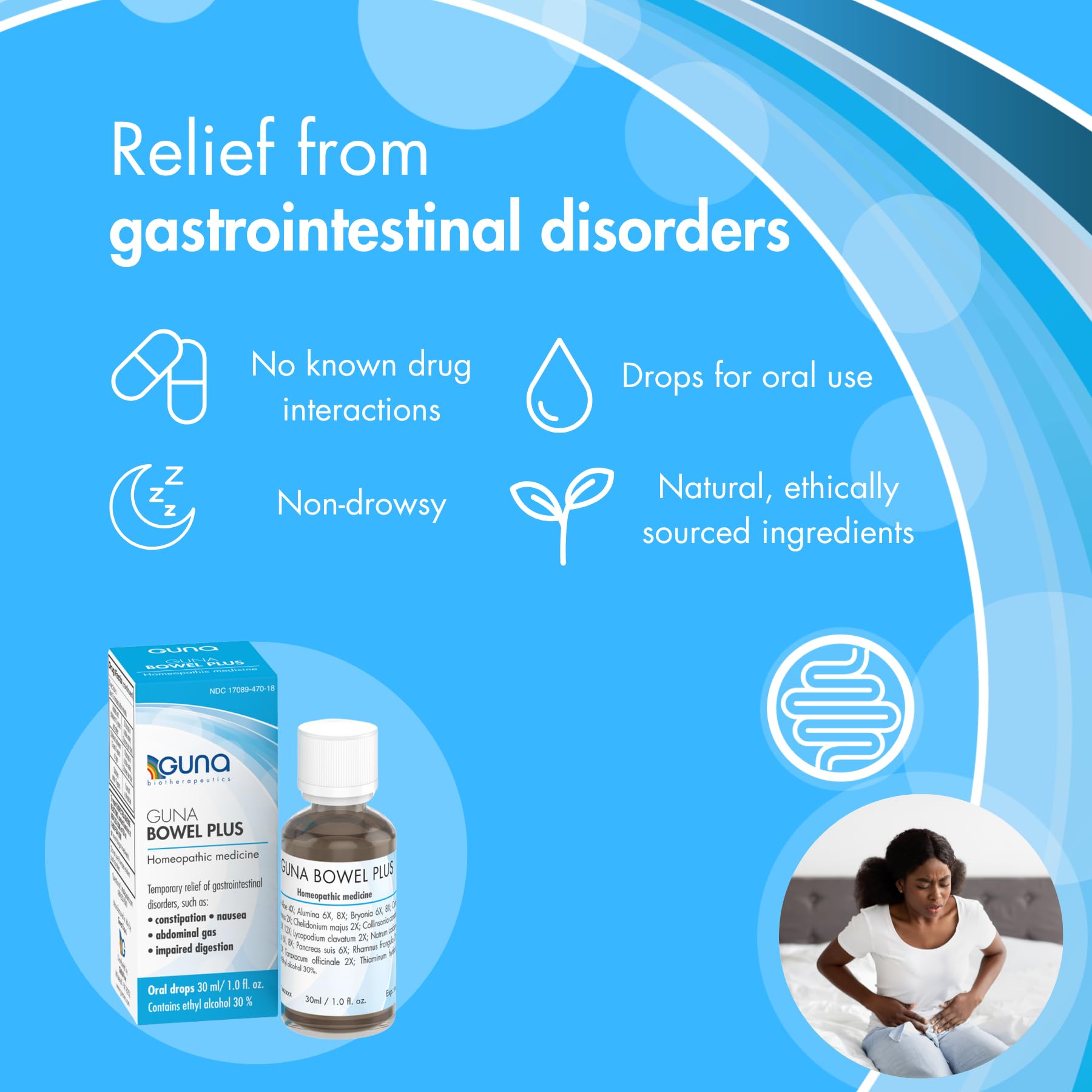 GUNA Bowel Plus label close-up emphasizing natural, non-habit forming ingredients