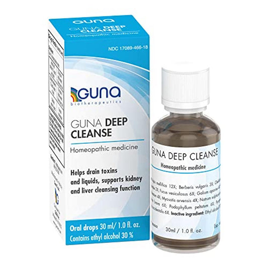 GUNA Deep Cleanse bottle close-up showing natural homeopathic toxin support