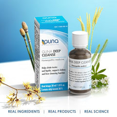 GUNA Deep Cleanse packaging on a wellness desk setup for detox routine