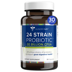 Gundry MD 24 Strain Probiotic bottle front promoting balanced gut health and daily vitality.