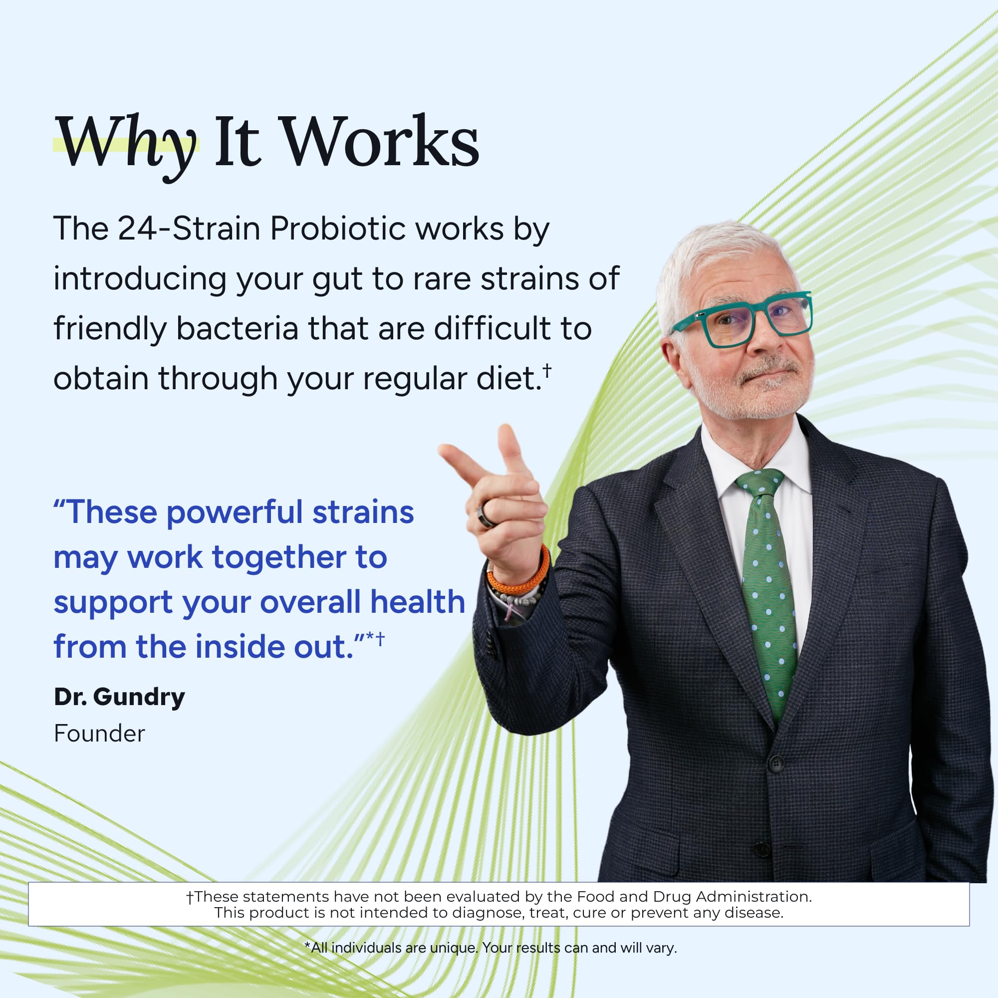 Gundry MD 24 Strain Probiotic bottle pour illustrating convenient daily use.