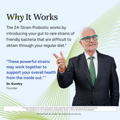 Gundry MD 24 Strain Probiotic bottle pour illustrating convenient daily use.