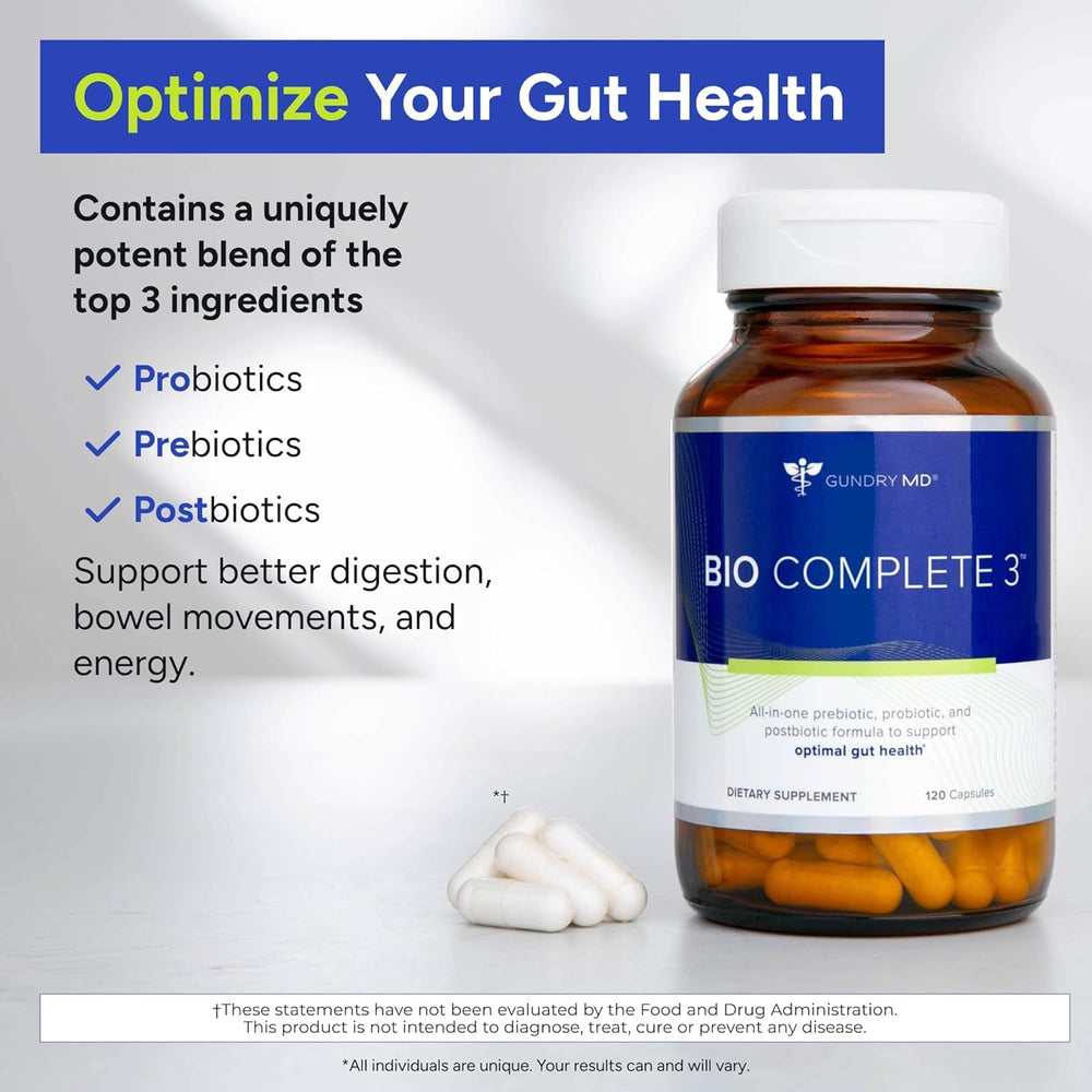 Gundry MD Bio Complete 3 label close-up highlighting the 3-in-1 formula.