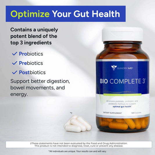 Gundry MD Bio Complete 3 label highlights probiotic, prebiotic, postbiotic trio