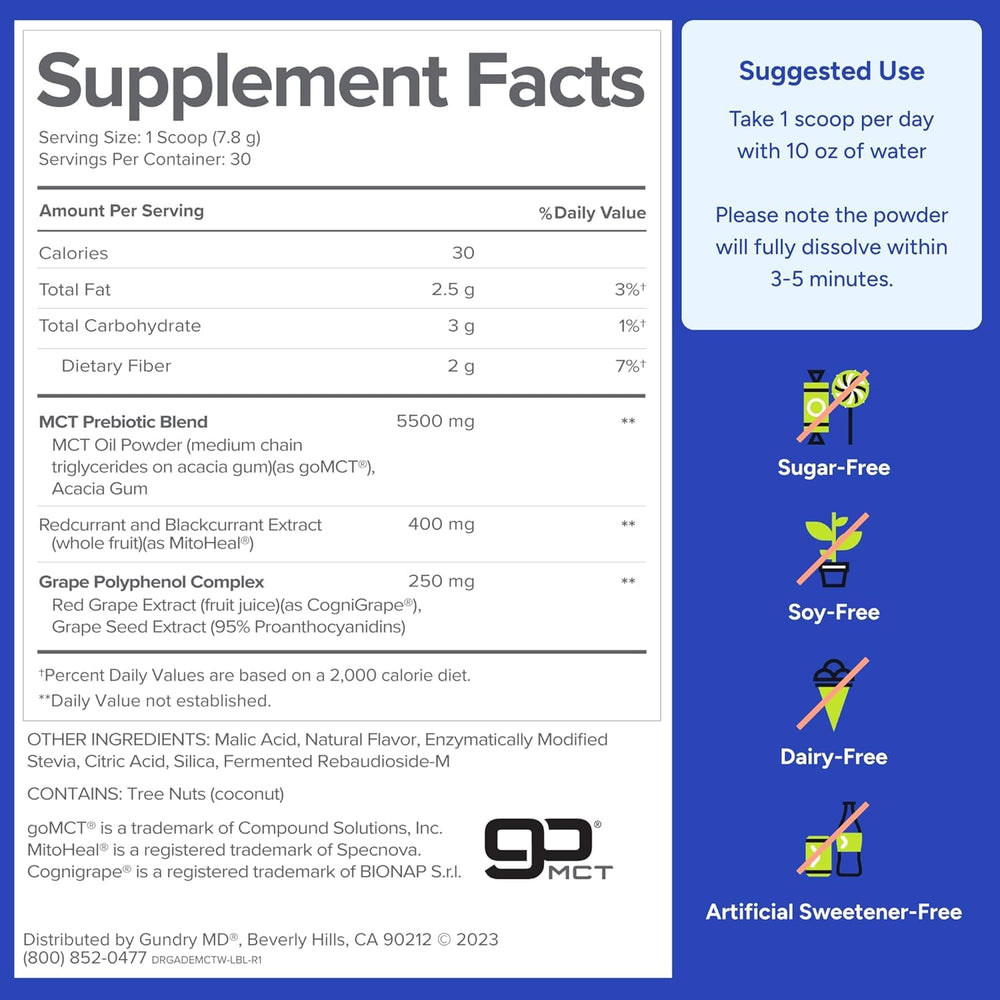 Gundry MD MCT Wellness Powder packaging with 90-day supply and sugar-free claim