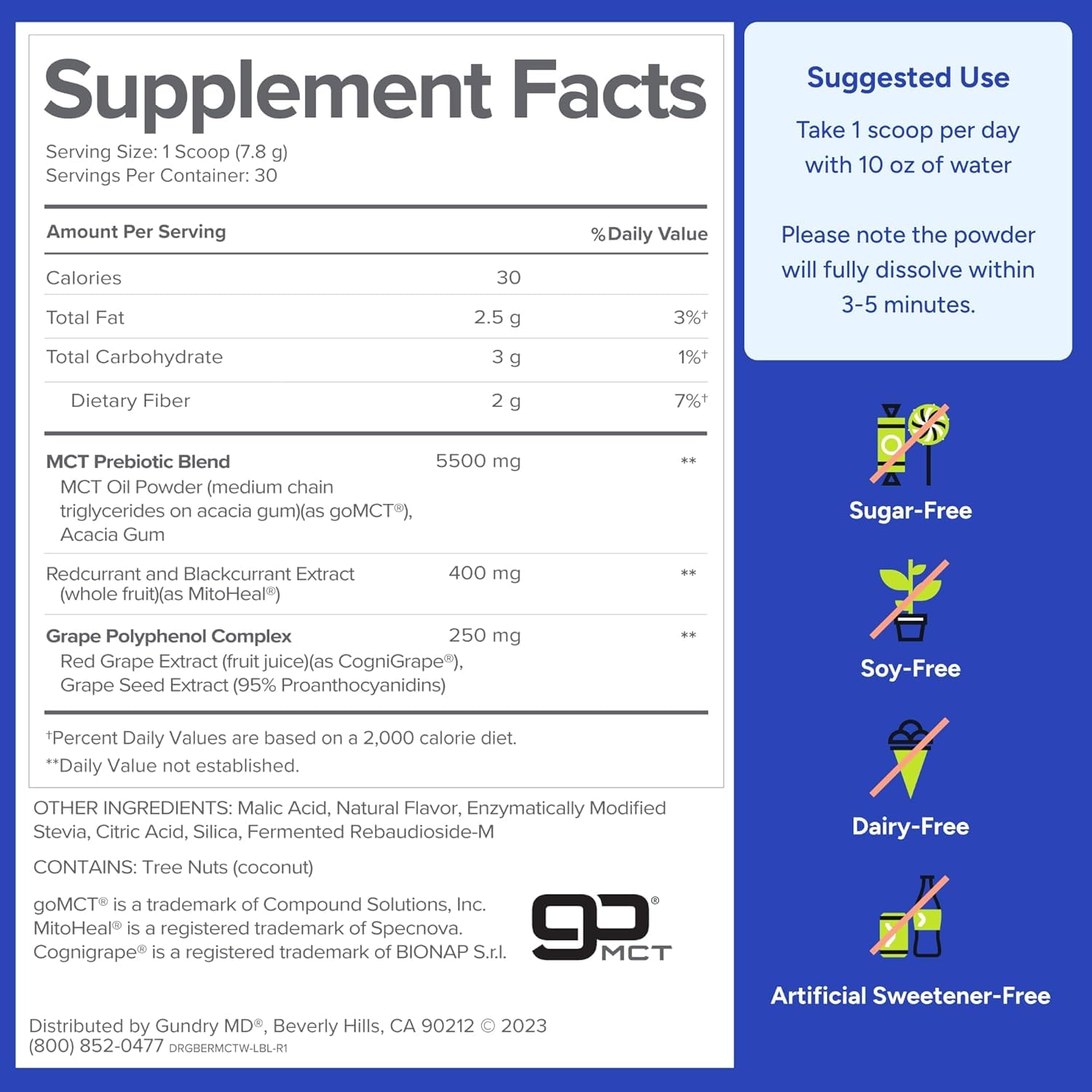 Gundry MD MCT Wellness Powder sugar-free seal on packaging.